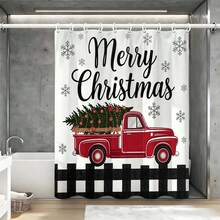 1pcFestive Red Vintage Truck Christmas Shower Curtain With Snowflake Print And Merry Christmas Text For Holiday Bathroom Decor