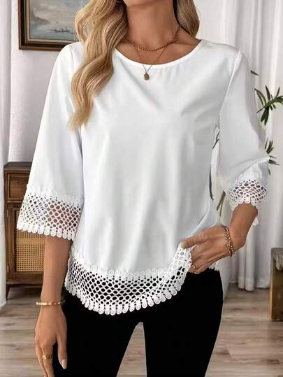 Blusa blanca elegante de talla grande para mujer con adorno de encaje a crochet, de longitud regular para primavera
