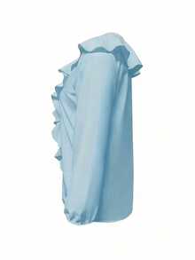 Plus Women's Solid Color Ruffled V-Neck Elegant Long Sleeved Shirt - Baby Blue - View 3