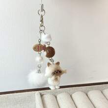 Cute Cartoon Cat Keychain With Pom Pom And Beaded Phone Strap – Adorable Bag Or Backpack Charm, Kawaii Mobile Accessory,  Key Ring Pendant, Perfect Gift For Teens, Girls, And Students, Durable And Fun Daily Charm - 灰貓(門扣款) - 查看 3