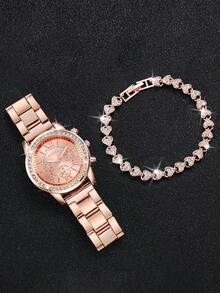 2pcs/Set Women's Steel Band Triple Eye Roman Scale Dial Quartz Wrist Watch + Bracelet - Rose Gold - View 3