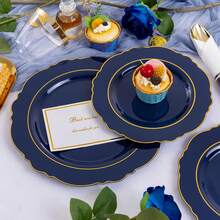 350PCS Plates Disposable - Gold Plates 50guest Baroque Plastic Dinnerware Include 100Plates, 50Pack Pre Rolled Napkins With Silverware 50Cups Perfect For Wedding&Mother's Day - Màu xanh lam - Xem 2
