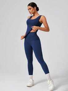 NcmRyu 一套女士时尚弹力宽肩带背心和裤子运动服套装 - 藍色 - 查看 7
