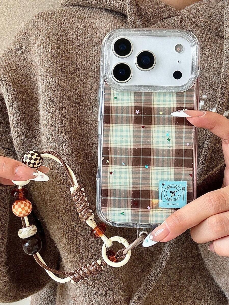 Y2K Retro Colorblock Plaid Glitter Phone Case, Compatible With IPhone 17 Pro Max, 17 Pro, 15, 16 Pro Max, 17 Air, 14 Plus, 13, 12 Pro, 11, Semi-Transparent Glitter Star Pattern, Soft Back Cover With Beaded Lanyard, Autumn/Winter - 格紋 - 查看 1