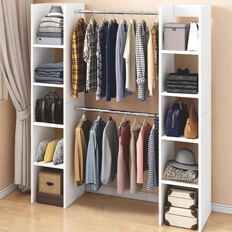 Armario abierto de 200*190 cm con doble barra para colgar ropa y estantes multinivel para una organización óptima; armario multifuncional para guardar ropa en el dormitorio. - Blanco - Ver 1