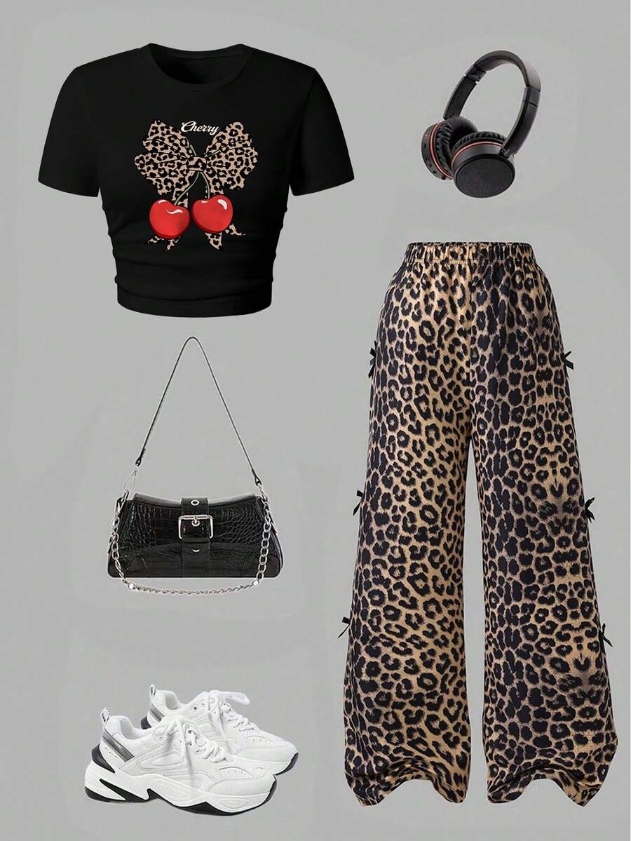 Tween Girl Cherry Print Round Neck Short Sleeve Top And Pants Set - Black - View 1