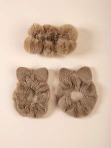 3 piezas Pinzas para el cabello con bolas de pelo de conejo de invierno para niñas, Scrunchies con orejas de gato esponjosas, Accesorios lindos para el cabello de niños, Adecuados para uso diario