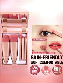 一套旅行化妆刷套装，全新6支迷你便携化妆刷带镜盒，粉色化妆包，多功能粉底刷、腮红刷、眼影刷、唇刷，旅行必备美妆工具，旅行便携化妆刷套装，便携式化妆刷套装，旅行必备，情人节礼物，价格实惠，旅行化妆刷，女士礼物，化妆师，专业全套化妆工具 - 藕粉色 - 查看 6