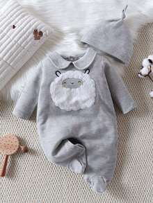 Autumn/Winter Baby Girls' Round Neck Ruffled Collar Cute Sheep Print Long Sleeve Jumpsuit With Adorable Hat - Grey - View 1