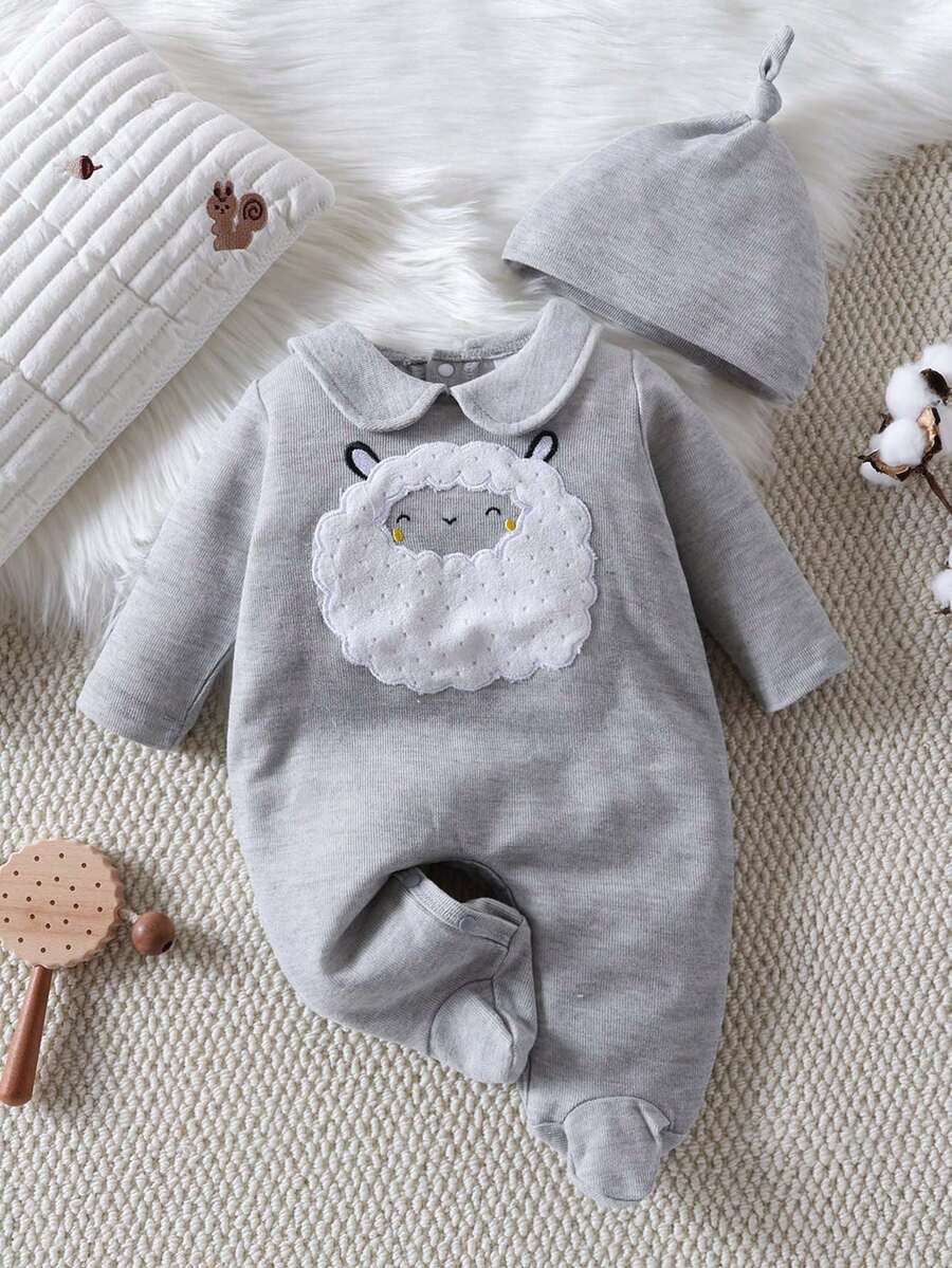 Autumn/Winter Baby Girls' Round Neck Ruffled Collar Cute Sheep Print Long Sleeve Jumpsuit With Adorable Hat - Grey - View 1