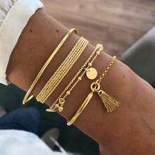 4pcs/Set Vintage Multi-Layer Gold Tassel Round Bracelet Set - Yellow Gold - View 13