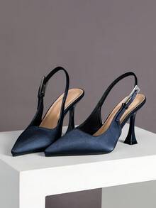 Bombas de tacón alto con punta puntiaguda y hebilla con strass para mujer - Azul Marino - Ver 7
