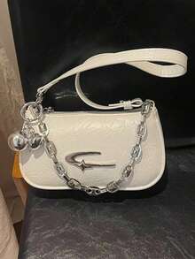Bolso cuadrado personalizado de moda para mujer, bolso de cámara, material de PU, decoración de estrella de metal, decoración de cadena, decoración de bola, estilo atrevido, vibra metálica Y2K, adecuado para uso diario, viaje al trabajo, billetera, regalo para amigos, vacaciones, bolso de hombro para damas - Blanco - Ver 1
