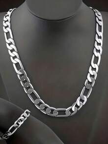 Stainless Steel Necklace And Bracelet Set For Men, Suitable For Daily Wear - Silver - View 2