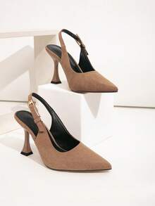 Wide Fit Khaki Faux Suede Metal Buckle Decor Backstrap Stiletto Heel Dress Pumps, Suitable For Daily Wear, Banquet, Party, Fashion Plus Size Women - Khaki - View 9