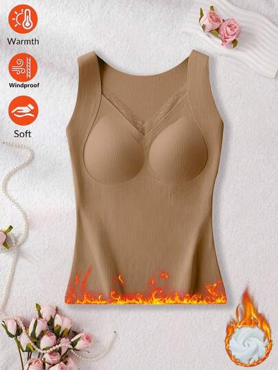 Dammode i enfärgad varm väst, sexig spets med V-ringning och fodrad termisk underkläder, bekväm bygelfri BH, ärmlös varm linne, mångsidig baslagertopp lämplig för höst/vinter