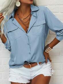 Women's Solid Long Sleeve Blouse, Button Down Lapel Shirt, Casual Office Basic Top - Xanh nhạt - Xem 1