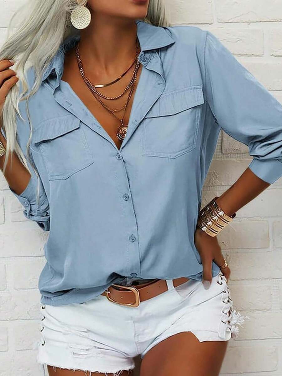 Women's Solid Long Sleeve Blouse, Button Down Lapel Shirt, Casual Office Basic Top - Xanh nhạt - Xem 1