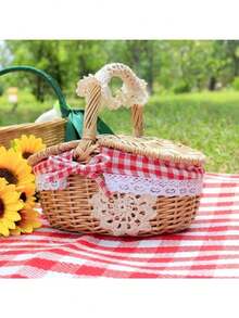 1个复古藤编户外手提提手储物篮野餐篮带盖 - 彩色 - 查看 2