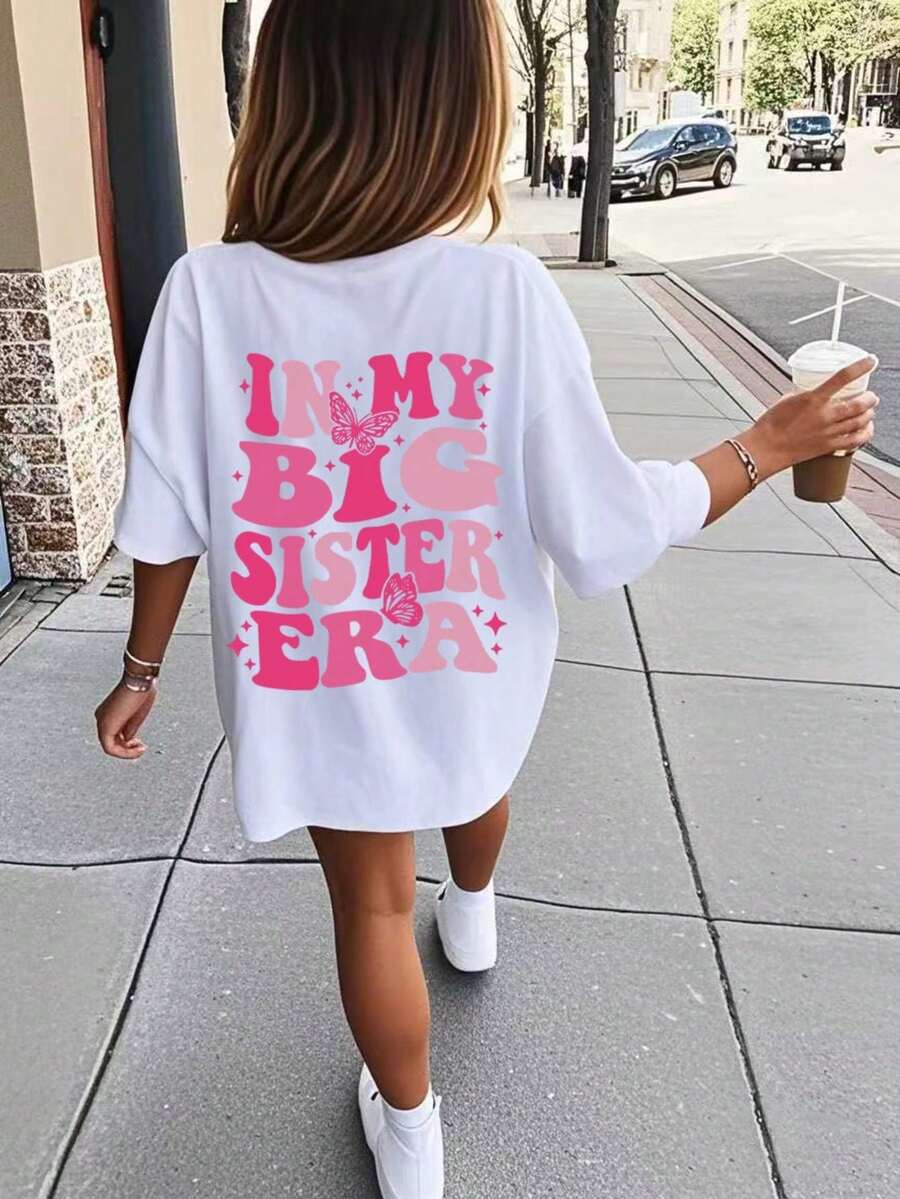 Tween Girl "In My Big Sis Era" Slogan Graphic Round Neck T-Shirt, Summer Top - White - View 1
