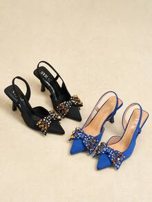 SVRM Pantofi cu toc ascuțit, din satin, cu fundă și baretă la spate, pentru femei, eleganți pentru evenimente sociale, petreceri, birou și naveta - Negru - Vizualizare 6