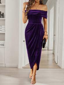 PoPoHouse Damen Off-Shoulder Samtkleid, elegantes einfarbiges Midi-Kleid mit hoher Taille und Schlitz, formelles Cocktailkleid für den Herbst - Violett - Übersicht 1