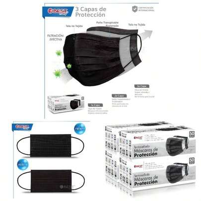 Cubrebocas Negro 200 piezas, Mascarilla Desechable Termosellada Tricapa, Tapabocas con 200 Piezas con Ajustador Nasal Oculto y Tecnologa Ligera de Filtrado Efectivo
