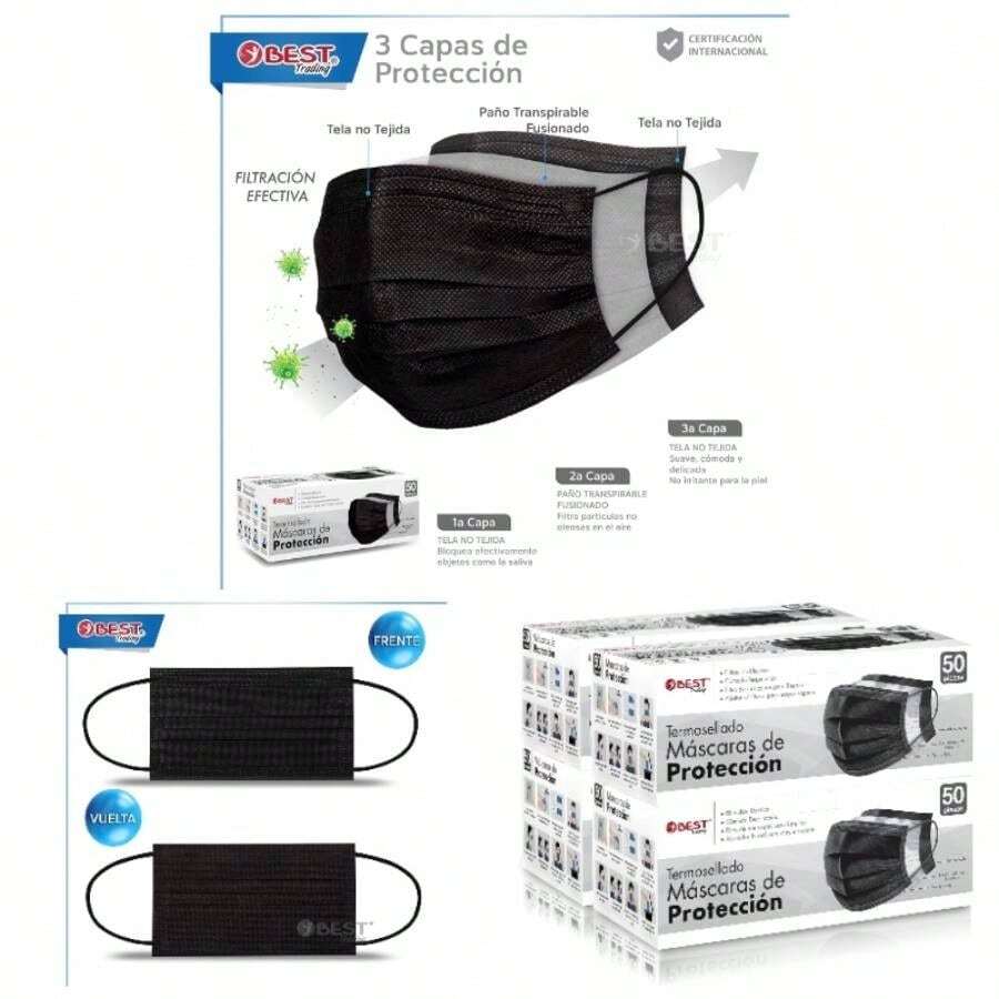 Cubrebocas Negro 200 piezas, Mascarilla Desechable Termosellada Tricapa, Tapabocas con 200 Piezas con Ajustador Nasal Oculto y Tecnologa Ligera de Filtrado Efectivo - Negro - Ver 1
