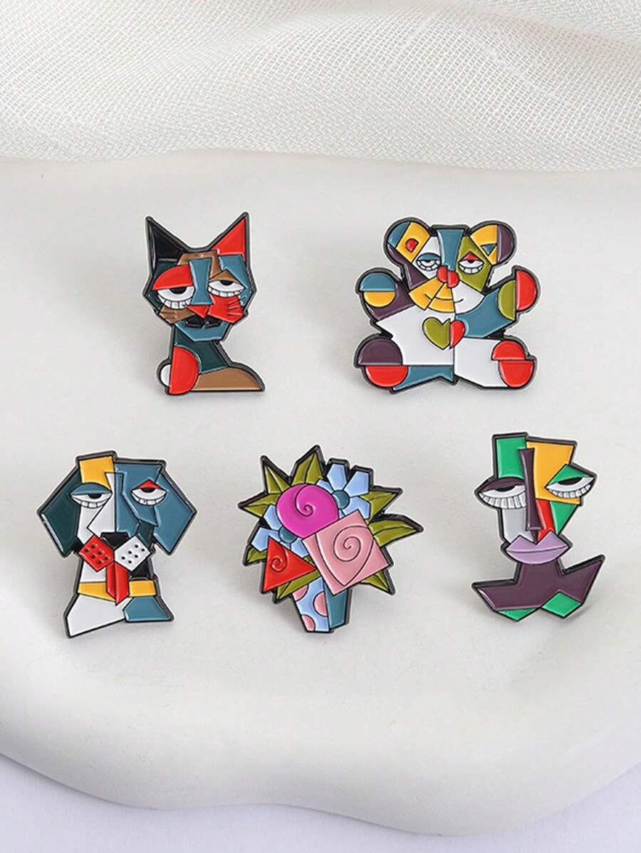 1pc Abstract Floral Brooch Set, Metal Enamel Pins, Personalized Fashion Accessory - Multicolor - View 1