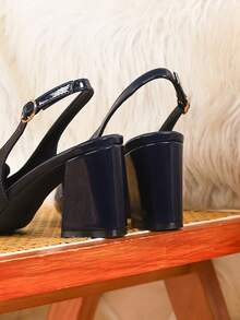 大码女士优雅高跟鞋，舒适通勤/工作鞋，黑色、酒红色、白色、藏蓝色，带踝带，粗跟 - 藏蓝色 - 查看 8