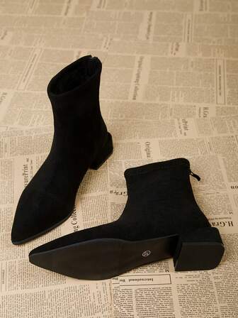 Women's Pointed Toe Short Boots, Thick Heel, Suede Fabric, High-End Feel, Elastic Slim Fit Mid-Heel Ankle Boots, Autumn/Winter 2025 New Arrival