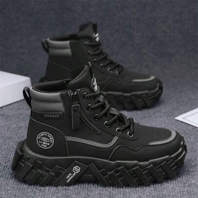 Men's High-Top Sneakers, Lace-Up Metal Eyelets Work Boots, Versatile Thick Sole Non-Slip Durable Outdoor Hiking Leather Boots, Autumn/Winter