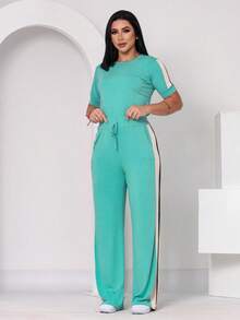 Women's Basic Pants And Blouse Set With Stripes On The Side - Mint Green - View 4