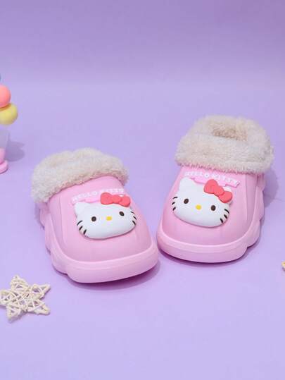  Sanrios nya höst- och vinterpälstofflor för barn, söta tecknade KT-kattdesign, vattentäta och halkfria Kuromi-tofflor med mjuk botten för inomhus och utomhus, avtagbara pälsiga innertofflor