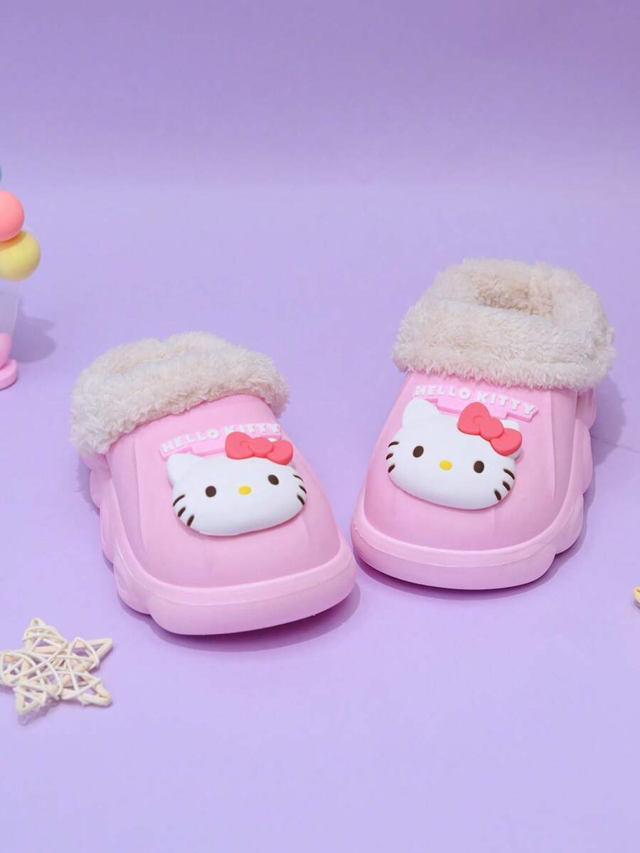Sanrio's New Autumn And Winter Children's Fur Slippers, Cute Cartoon KT Cat Design, Waterproof And Non Slip Indoor And Outdoor Soft Bottom Kuromi Children's Slippers, Detachable Furry Inner Liner Slippers - Pink - View 1