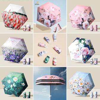 1 件时尚数码印花紧凑型防紫外线雨伞 - 6 伞骨玻璃纤维，便携口袋大小，可防晒防雨