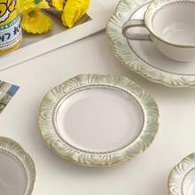 Vintage Embossed Ceramic Coffee Cup And Saucer Set - French Retro Style, Multi-Purpose For Coffee, Desserts, Sparkling Water, Ice Cream, Cold Drinks, Ideal For Home, Gatherings, Parties, Gifting, Weddings & Work - Multicolor - View 7