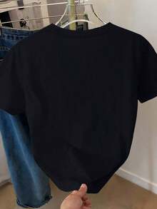 Camiseta de manga corta con cuello redondo y estampado de mariposa, casual de verano para mujer - Negro - Ver 2