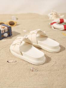 Children's Fashion Slippers, New Summer Thick Sole Round Toe Pleated Design Stylish Comfortable Flat Slides - Beige - View 3