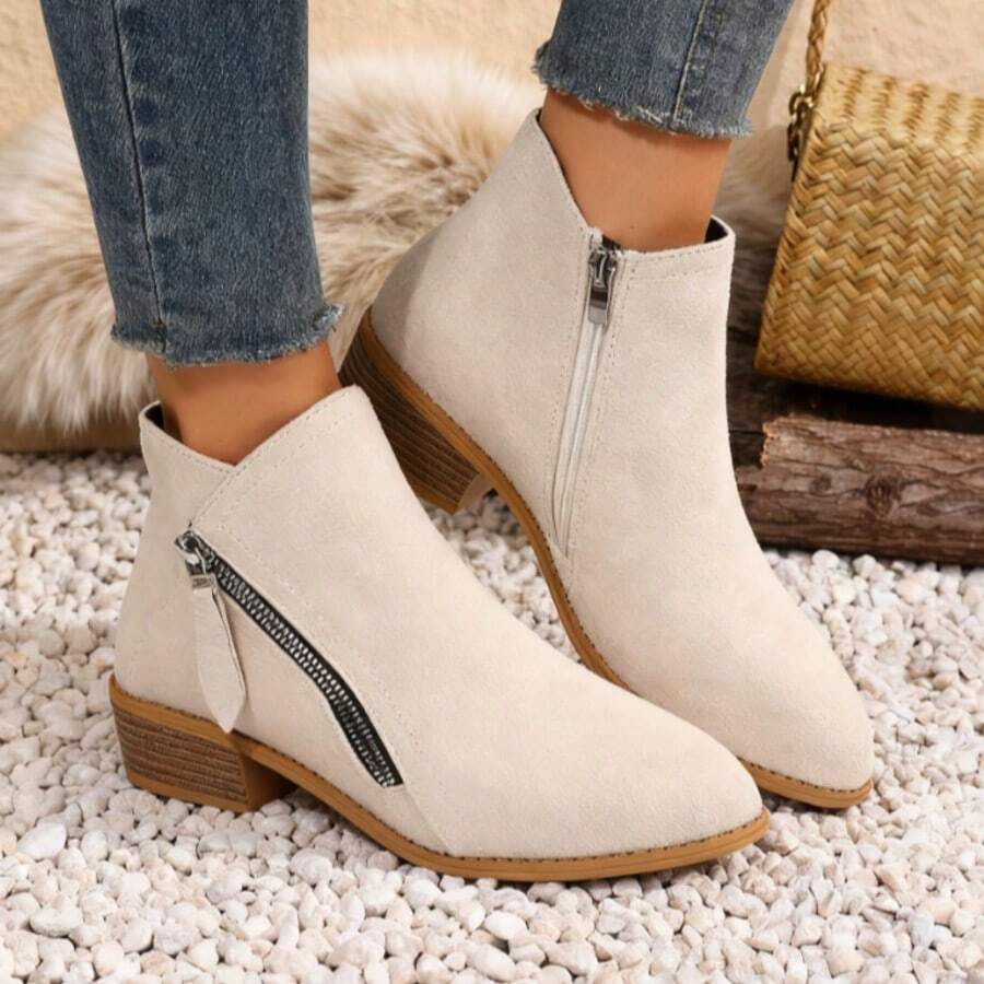 Fall/Winter 2025 Women's Popular Versatile Suede Ankle Boots And Short Boots,New Autumn/Winter Women Short Boots, Fashion Versatile Low-Heel Anti-Flat Side Zipper Shoes, Wear With Black Skirt,Boots For Women - 米色升級款 - 查看 1