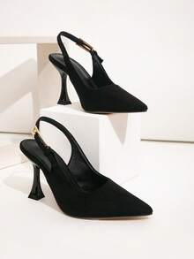 Wide Fit Black Faux Suede Metal Buckle Decor Backstrap Stiletto Heel Pumps, Suitable For Daily Wear, Banquet, Party, Fashion Plus Size Women - Black - View 9