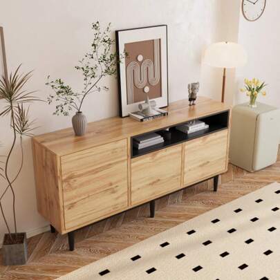 Modern Wooden Sideboard With Three Doors And Shelves, 160 X 35 X 76 Cm, Easy Assembly, Space-Saving Design, Robust And Reliable
