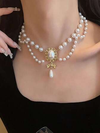 1 pieza Collar de perlas falsas vintage con lazo y colgante de gota con tono dorado para mujeres, accesorio de moda retro para fiestas y uso diario