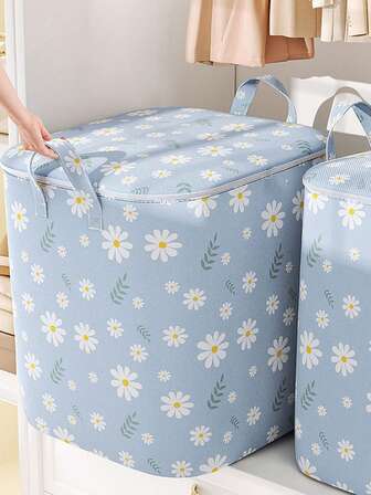 1pc Large Capacity Daisy Fabric Foldable Storage Bag, Collapsible Bedding, Clothes, Toys, Pillows, Seasonal Wear, Down Jackets, Moving Packing Organizer, Waterproof, Dustproof, Moisture-Proof