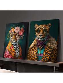 2 Stücke Holzrahmen Leinwanddruck dekorative Malerei, Leoparden Muster Kunst, Schlafzimmer Dekoration, stilvoller Leopard, Blumen, Pflanzen, Tier Kunst, Innenraum Heim Wand Dekorationskunst - Verschiedenfarbig - Übersicht 8