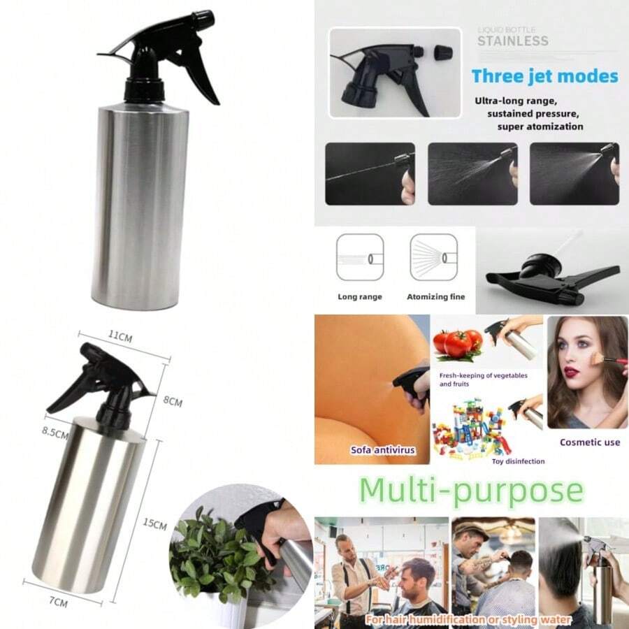 1pcs Multi-Purpose 304 Stainless Steel Spray Bottle Cylindrical Water Bottlefor Plants Watering Skin Care Spray Toy Disinfection Vegetable Preservation Etc - Silver - View 1