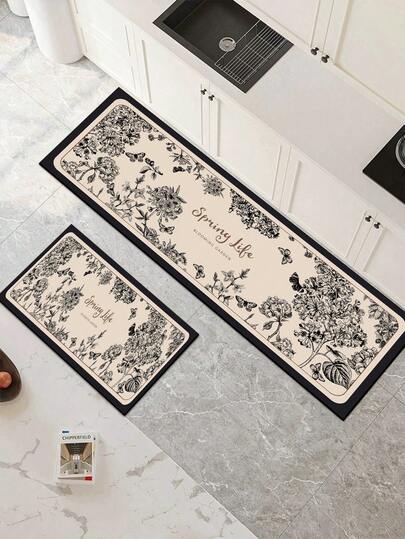 One Floral Patterned Kitchen Mat Made Of Diatomaceous Earth, Kitchen Rug With Light Luxury Style, Cushioning, Anti-Fatigue, Water Absorbent, Quick Drying, And Anti-Slip Properties, Simple Diatomaceous Earth Soft Rubber Mat Suitable For Kitchen, Bathroom, Entrance, Laundry Room, Etc.