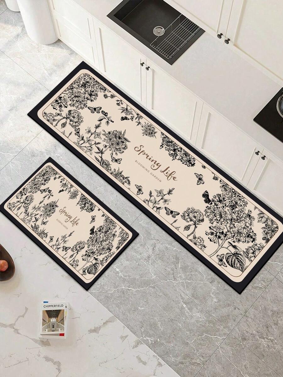 一張花紋泥土墊製成的廚房墊子，輕奢風格的廚房地墊，具有緩衝、防疲勞、吸水、速幹和防滑功能，簡單的泥土軟橡膠墊適用於廚房、浴室、門廳、洗衣房等場所。