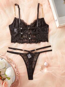 Luxury Comfortable Black Lace Bra Sexy Women's Lingerie Set - Black - View 3