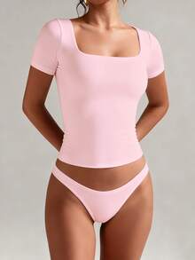 XLLAIS 纯色短袖方领基础款女式上衣，弹力修身情人节粉色T恤